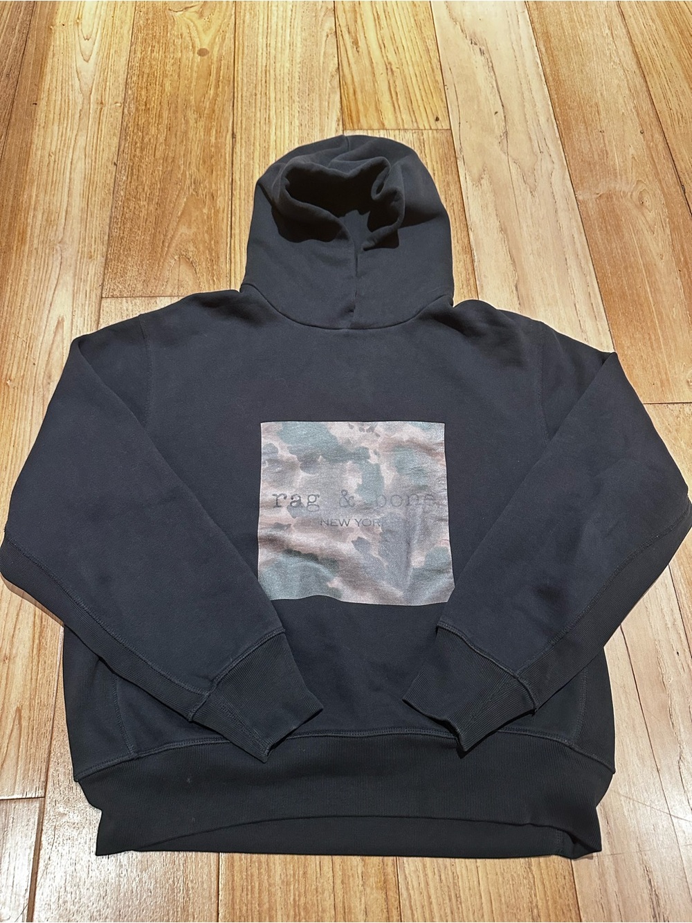rag & bone Black Graphic Hoodie with camouflage logo box